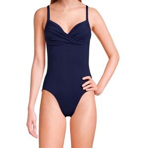 Land's End Navy Sculpting Suit Draped One Piece Swim Size 4 Long Torso